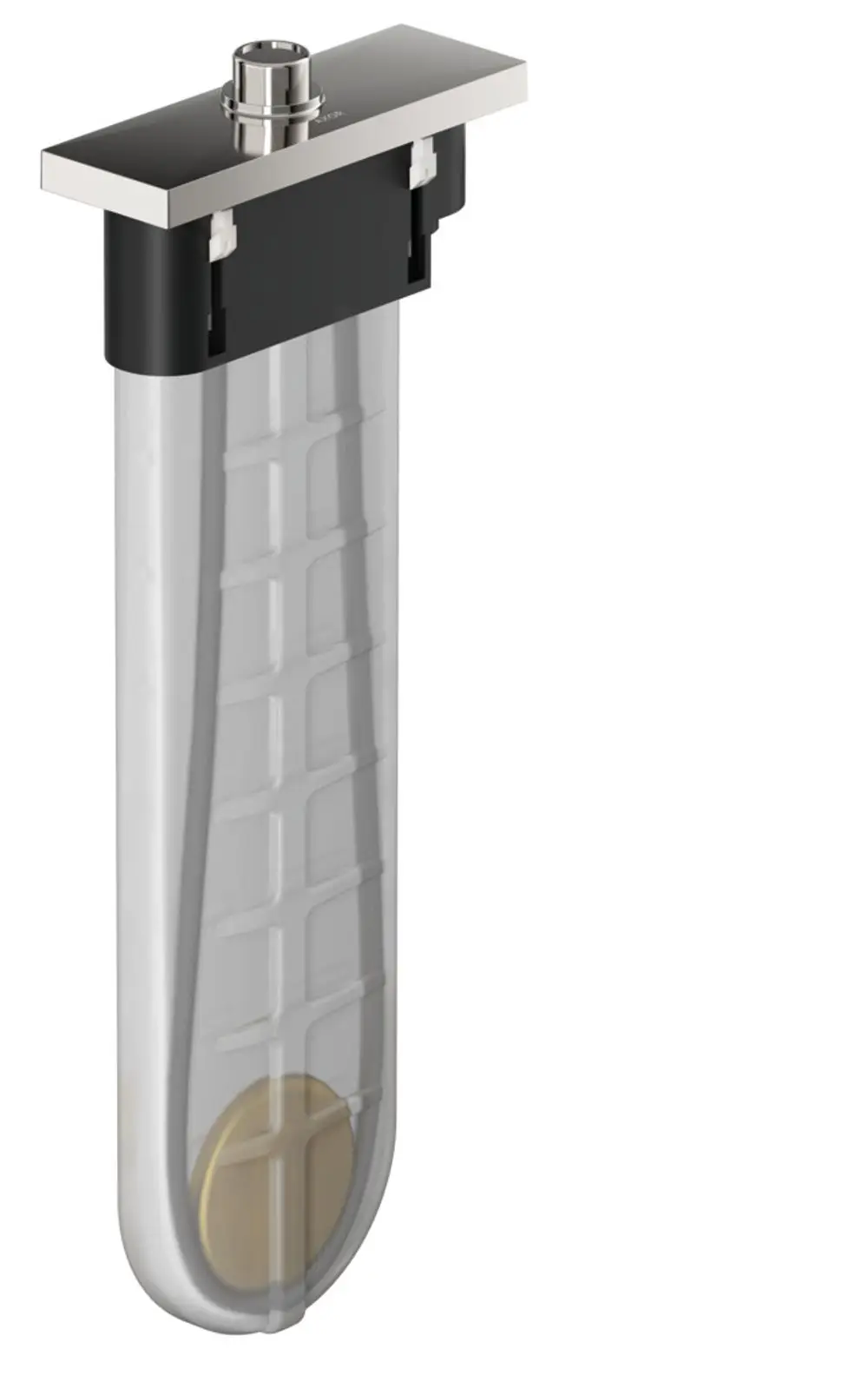 Sichtbare Duscheinheit mit quadratischem Grunddesign. Die Konstruktion aus Metall und Kunststoff zeigt ein integriertes Auslaufventil. Hergestellt von Hansgrohe.